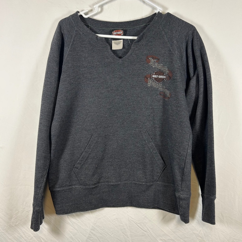 Harley Davidson Big Barn Des Moines IA Sweatshirt Gray Skull V-Neck Medium